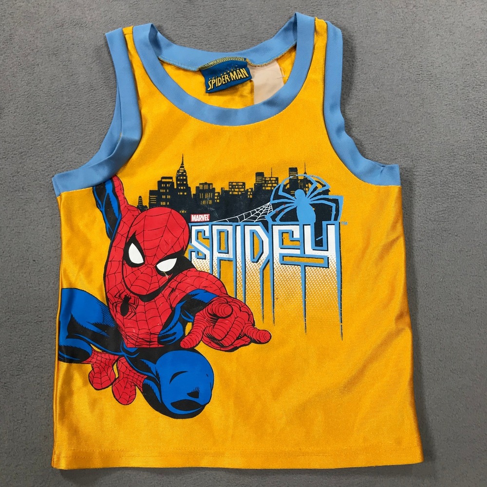 Vintage Marvel Spider-Man Tank Top Kids Small Yellow Sleeveless Graphic Jersey